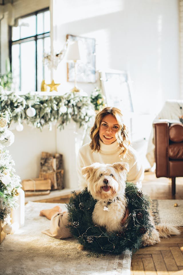 Lifestyle image, Christmas, woman with cute dog. Photo by Photo By: Kaboompics.com: https://www.pexels.com/photo/baubles-on-green-christmas-tree-5469801/